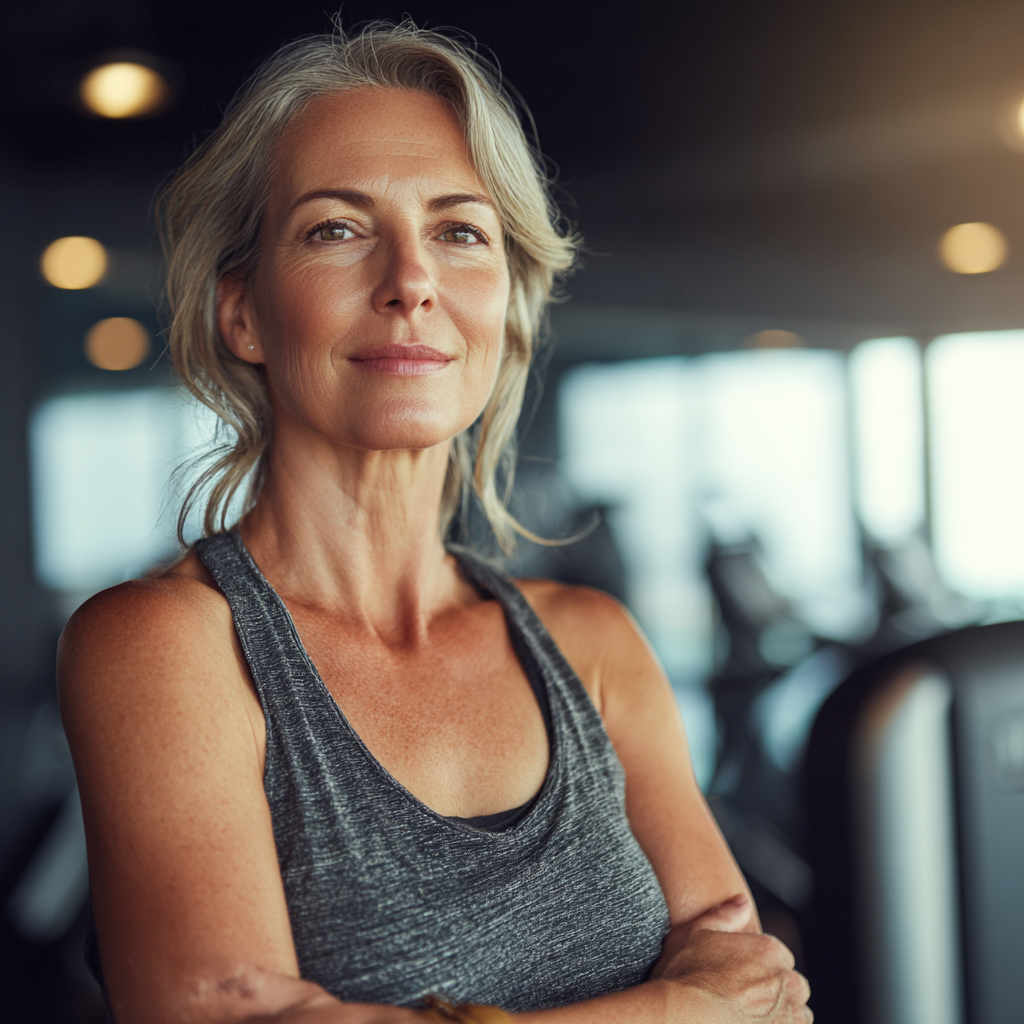 confident middle-aged woman in modern fitness environment