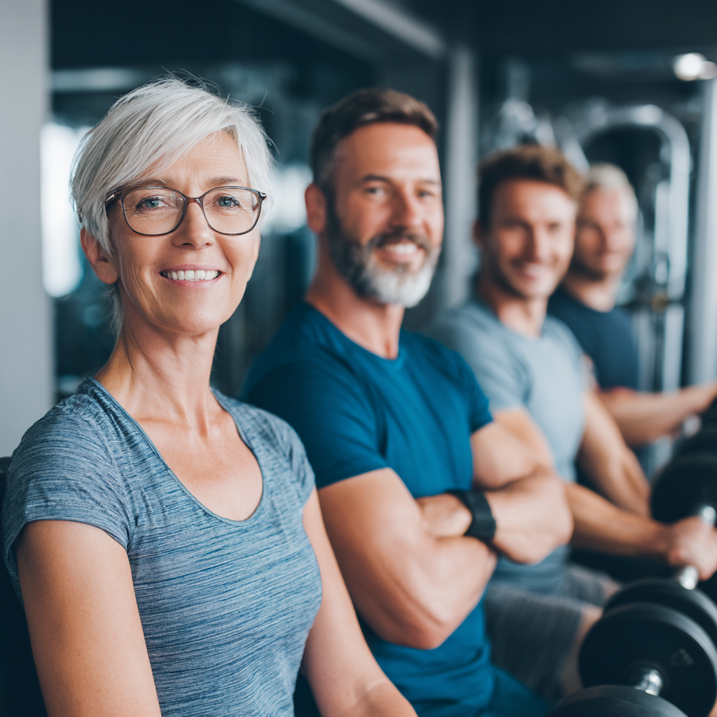 experienced fitness trainers team working with middle-aged clients in professional setting