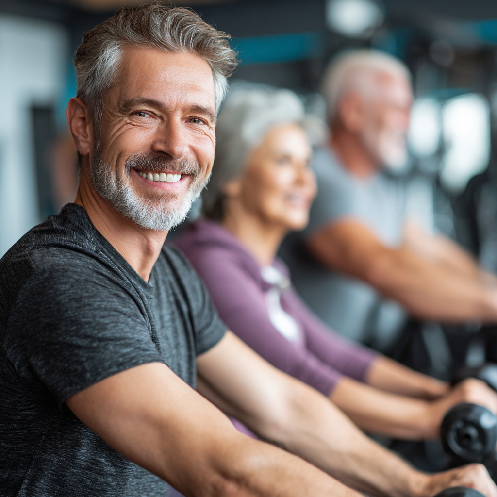 professional fitness trainer working with mature adults in supportive environment